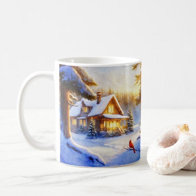 Cardinal on a Snowy Day Coffee Mug (With Donut)