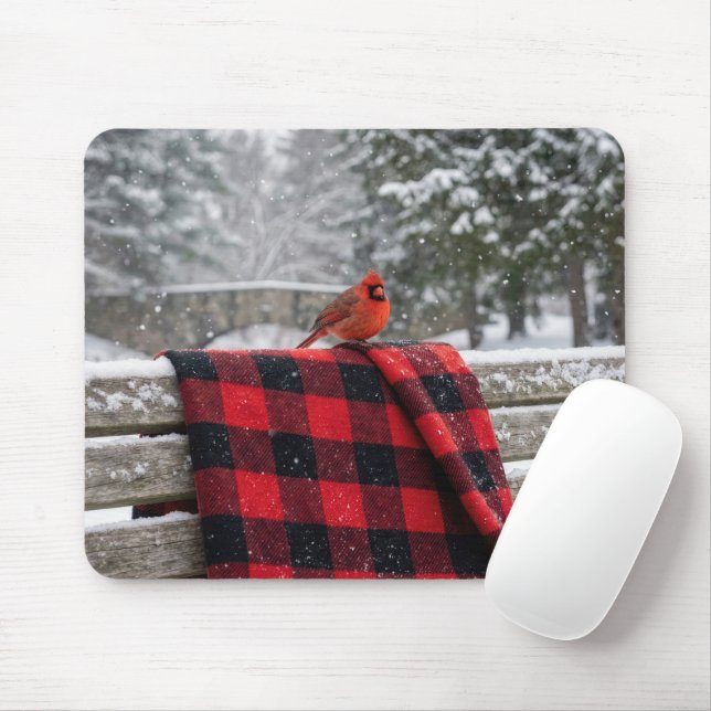 Cardinal On a Snowy Plaid Blanket Mouse Pad (With Mouse)