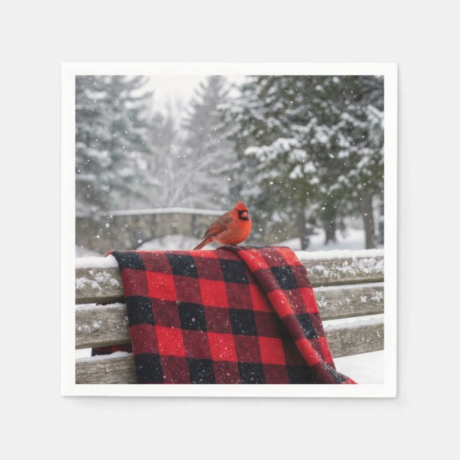 Cardinal On a Snowy Plaid Blanket Napkin (Front)