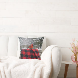 Cardinal On a Snowy Plaid Blanket Throw Pillow