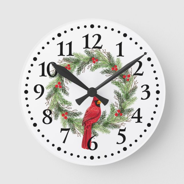 Cardinal on a Winter Wreath Round Clock (Front)