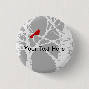 Cardinal on birch tree branch.  Button. 1 Inch Round Button