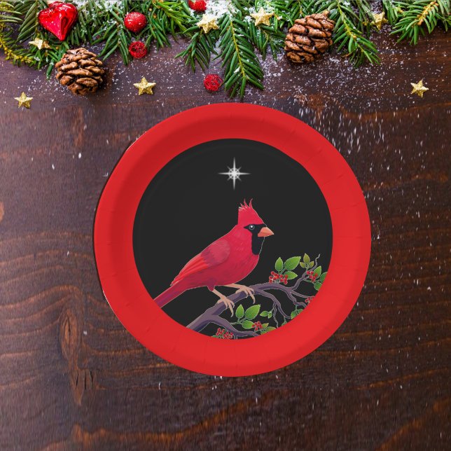 Cardinal on Black and Red Holidays Paper Plate (Creator Uploaded)