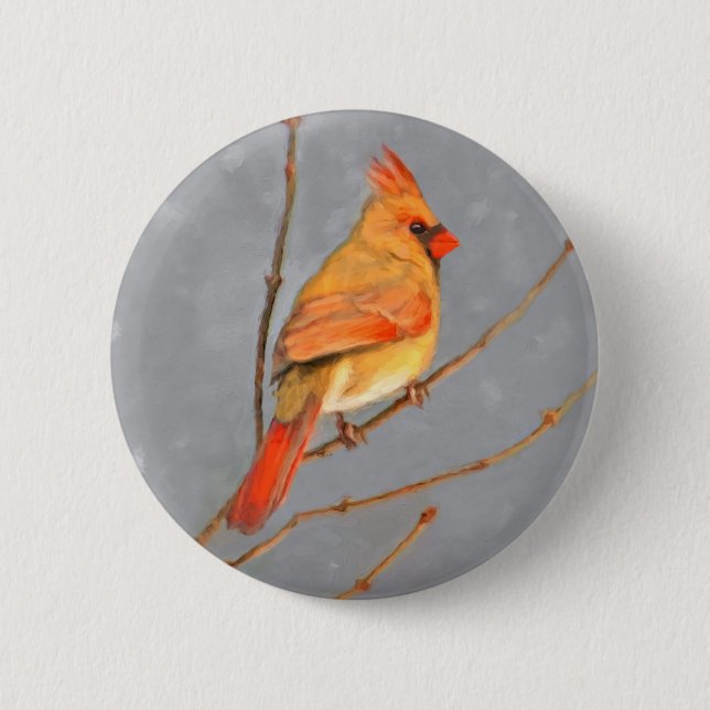 Cardinal on Branch Painting - Original Bird Art 2 Inch Round Button (Front)