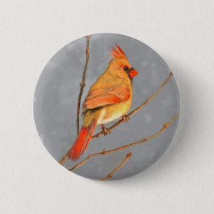 Cardinal on Branch Painting - Original Bird Art 2 Inch Round Button