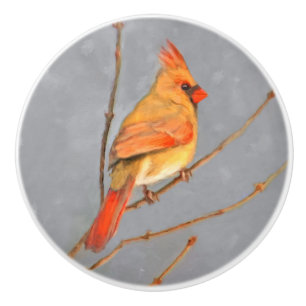 Cardinal on Branch Painting - Original Bird Art Ceramic Knob