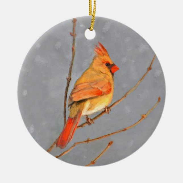 Cardinal on Branch Painting - Original Bird Art Ceramic Ornament (Front)