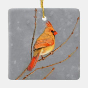 Cardinal on Branch Painting - Original Bird Art Ceramic Ornament