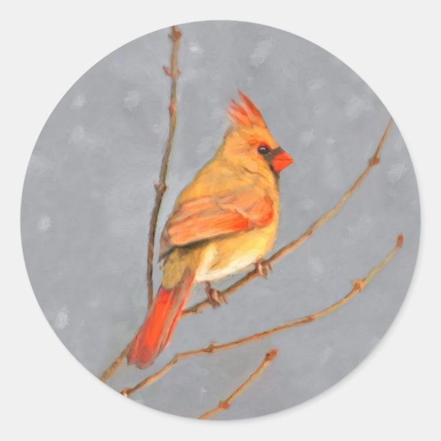 Cardinal on Branch Painting - Original Bird Art Classic Round Sticker (Front)