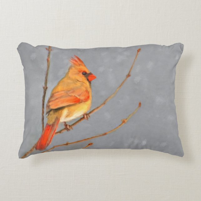 Cardinal on Branch Painting - Original Bird Art Decorative Pillow (Front)