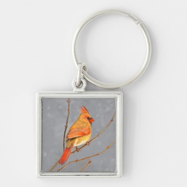 Cardinal on Branch Painting - Original Bird Art Keychain (Front)