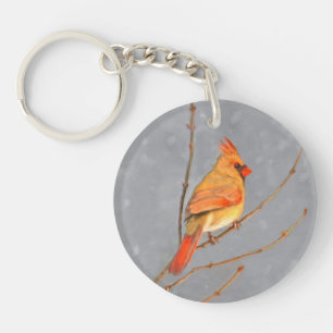 Cardinal on Branch Painting - Original Bird Art Keychain