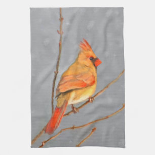 Cardinal on Branch Painting - Original Bird Art Kitchen Towel