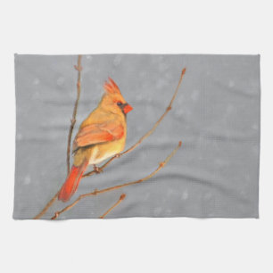 Cardinal on Branch Painting - Original Bird Art Kitchen Towel