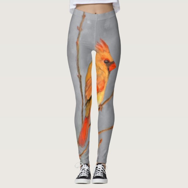 Cardinal on Branch Painting - Original Bird Art Leggings (Front)