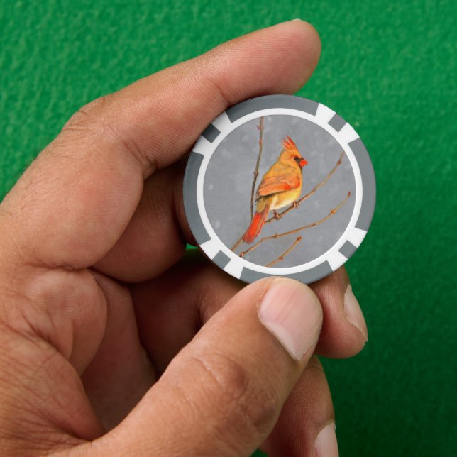 Cardinal on Branch Painting - Original Bird Art Poker Chips (Hand)