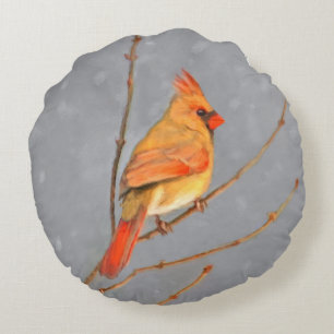 Cardinal on Branch Painting - Original Bird Art Round Pillow
