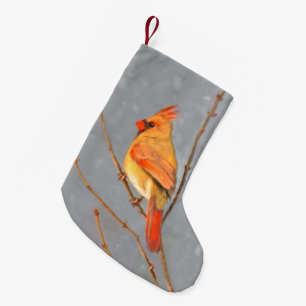 Cardinal on Branch Painting - Original Bird Art Small Christmas Stocking