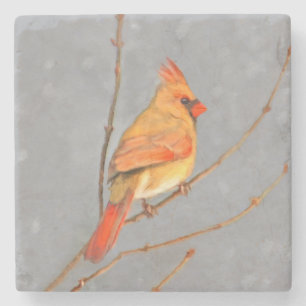 Cardinal on Branch Painting - Original Bird Art Stone Coaster