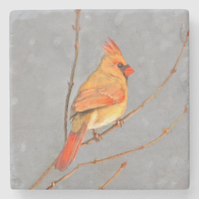 Cardinal on Branch Painting - Original Bird Art Stone Coaster (Front)