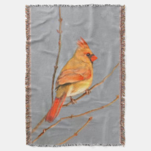 Cardinal on Branch Painting - Original Bird Art Throw Blanket