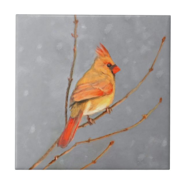 Cardinal on Branch Painting - Original Bird Art Tile (Front)