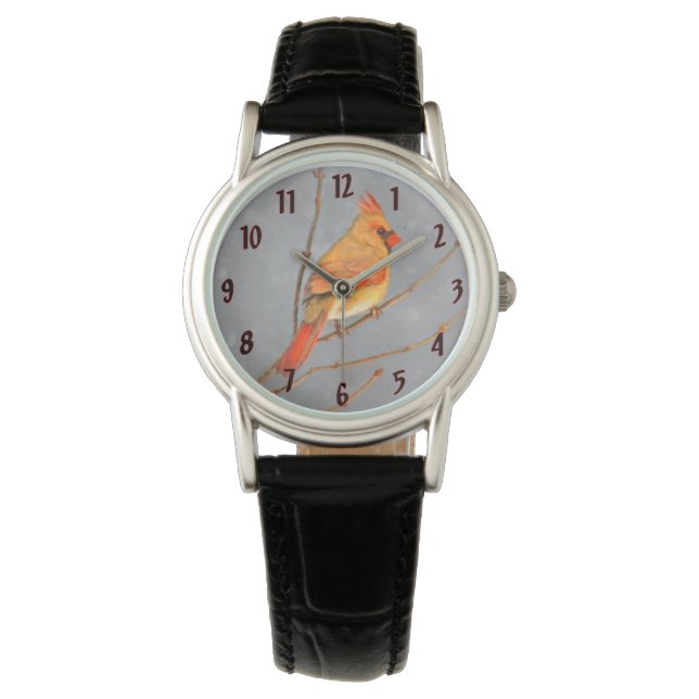 Cardinal on Branch Painting - Original Bird Art Watch (Front)