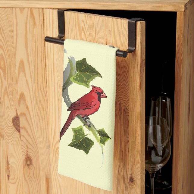 Cardinal on Branch with Ivy Leaves Kitchen Towel (Thirds Fold)