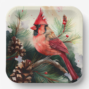 Cardinal on Evergreen in Christmas Winter Scene Paper Plate