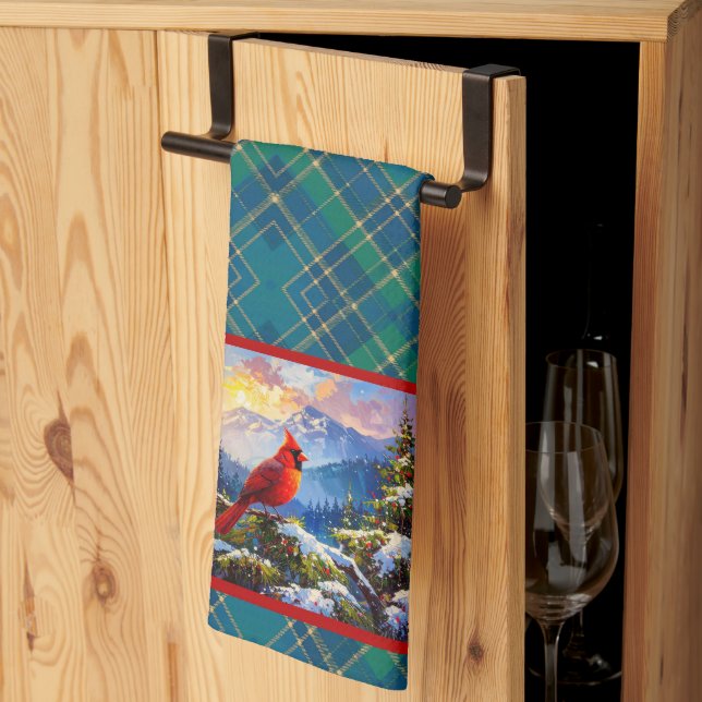 Cardinal on Green, Blue, Gold, Christmas Plaid Kitchen Towel (Thirds Fold)