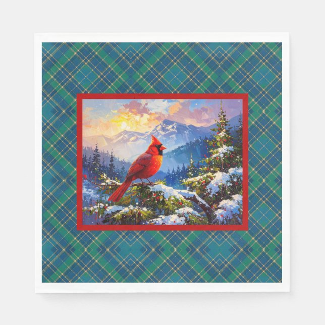 Cardinal on Green, Blue, Gold, Christmas Plaid Napkin (Front)