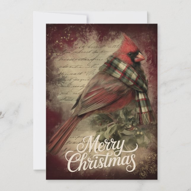 Cardinal on Holly Branch & Snowflake Script Holiday Card (Front)