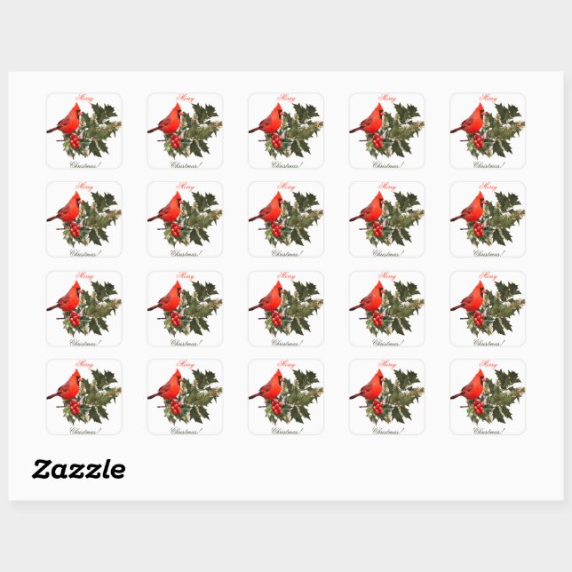 Cardinal on Holly Envelope Seals/Labels/ Square Sticker (Sheet)