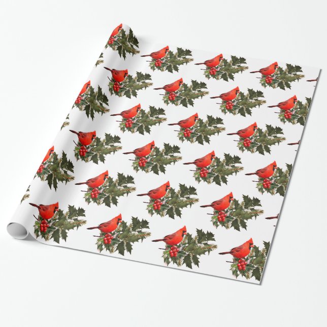Cardinal on Holly Wrapping Paper (Unrolled)