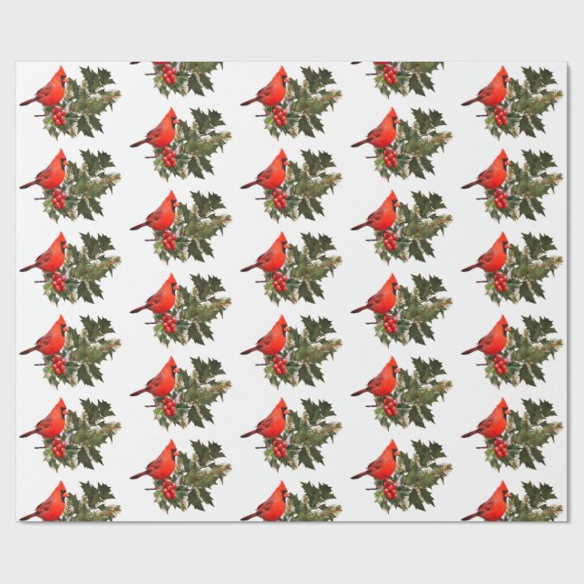 Cardinal on Holly Wrapping Paper (Flat)
