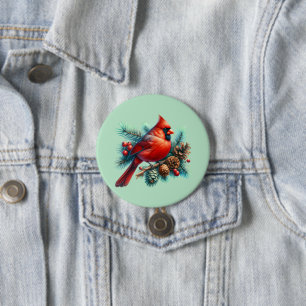 Cardinal on Pine Branch with Winter Berries 3 Inch Round Button