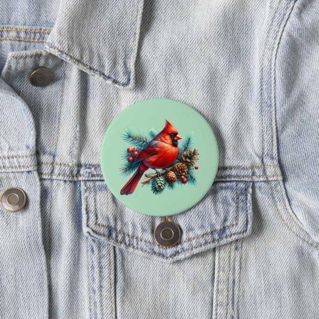Cardinal on Pine Branch with Winter Berries 3 Inch Round Button (In Situ)