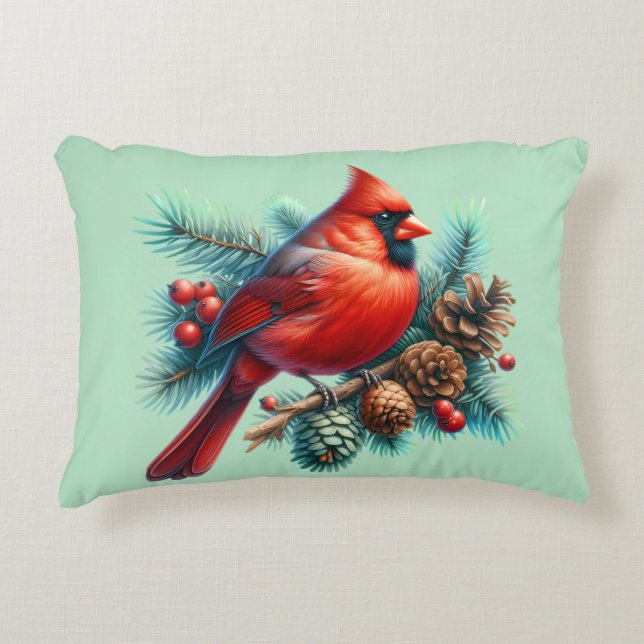 Cardinal on Pine Branch with Winter Berries Accent Pillow (Front)