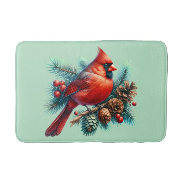 Cardinal on Pine Branch with Winter Berries Bath Mat (Front)