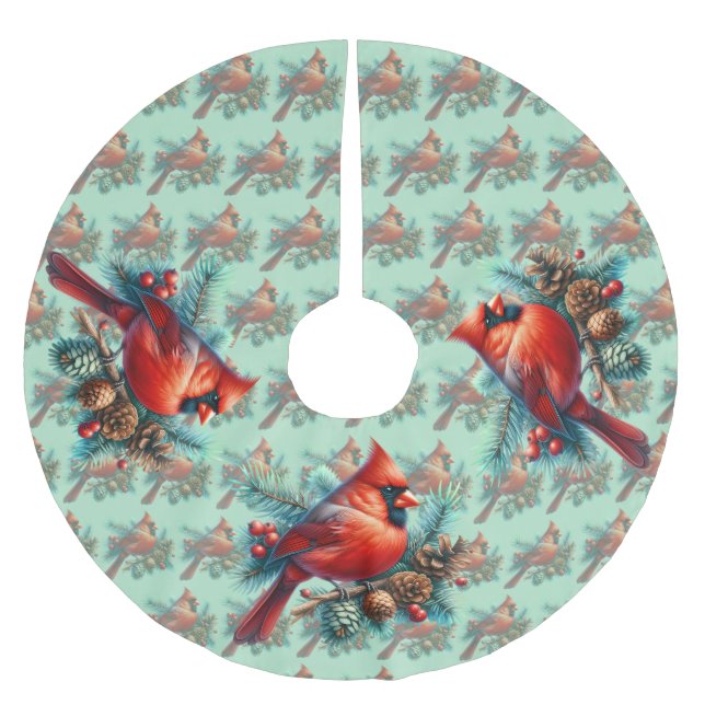Cardinal on Pine Branch with Winter Berries Brushed Polyester Tree Skirt (Front)
