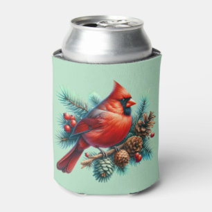 Cardinal on Pine Branch with Winter Berries Can Cooler