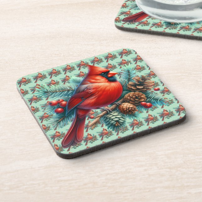 Cardinal on Pine Branch with Winter Berries Coaster (Left Side)