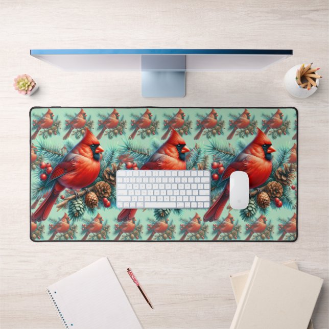 Cardinal on Pine Branch with Winter Berries Desk Mat (Office 1)