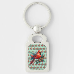 Cardinal on Pine Branch with Winter Berries Keychain