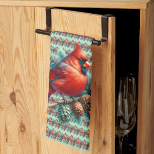 Cardinal on Pine Branch with Winter Berries Kitchen Towel