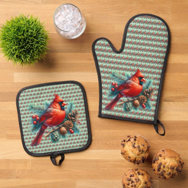 Cardinal on Pine Branch with Winter Berries Oven Mitt & Pot Holder Set (Top Down)