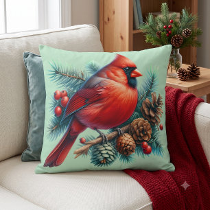 Cardinal on Pine Branch with Winter Berries Throw Pillow