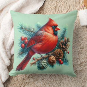 Cardinal on Pine Branch with Winter Berries Throw Pillow