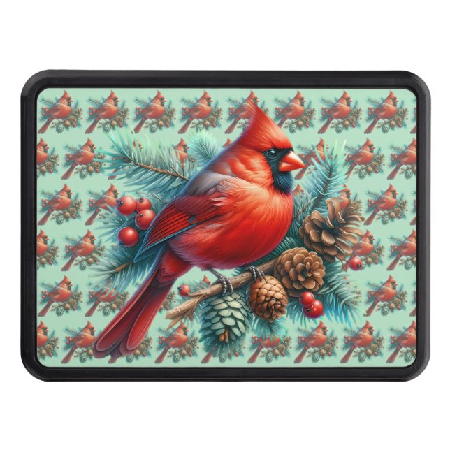 Cardinal on Pine Branch with Winter Berries Trailer Hitch Cover (Front)