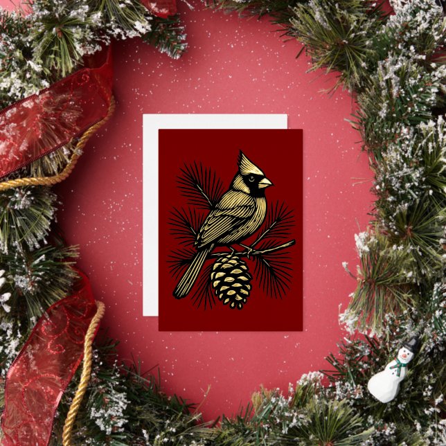 Cardinal On Pine Tree With Pinecone Christmas Foil Holiday Card (Insitu)